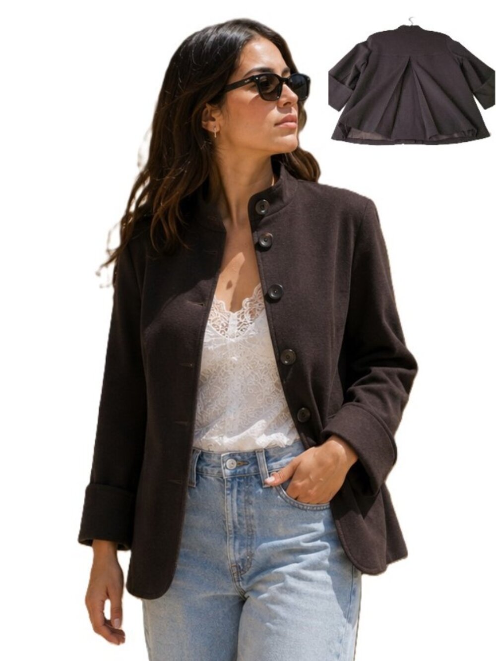 Taylor Brooke Womens SZ 12P Brown Pea Coat Jacket Mandarin Collar Crop